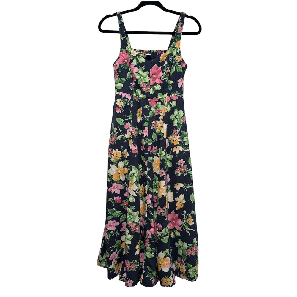 Old Navy Midi Dress Womens XS Navy Blue Floral Linen Blend Smocked Back